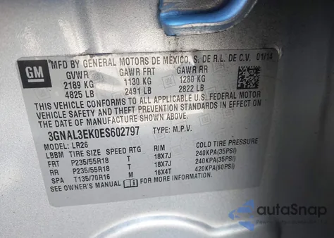 2014 Chevrolet Captiva Sport Lt from USA, damaged, VIN 3GNAL3EK0ES602797